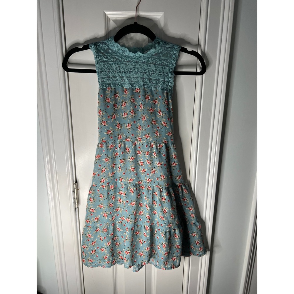 Knit Works Girls Blue Floral Tiered Dress Lace Yoke Sleeveless Size 10